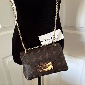 Nicole Miller NWT faux leather crossbody chain brown logo purse